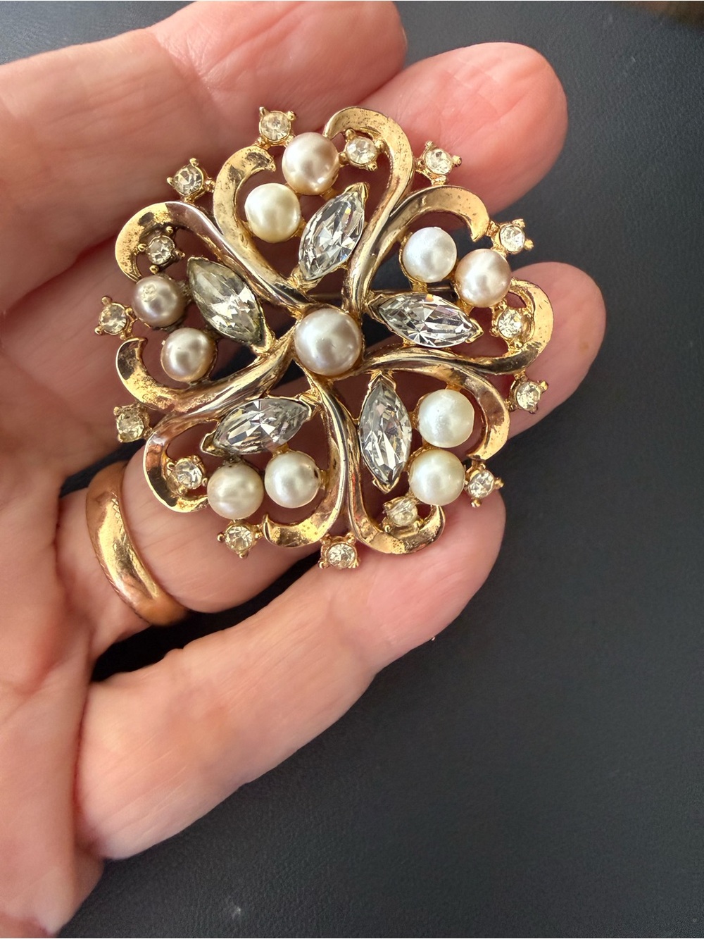 Vintage Crown Trifari GoldTone Brooch w/Round Rhinestones Paired w/Faux Pearls.